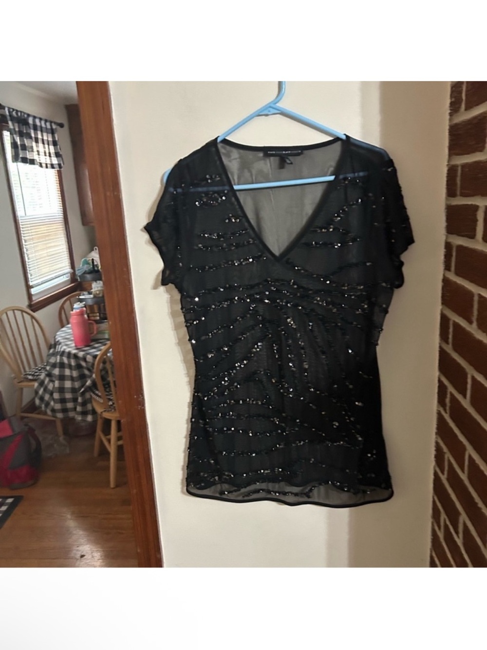 White House Black Market Size Large Black Beaded V-Neck Sheer Top